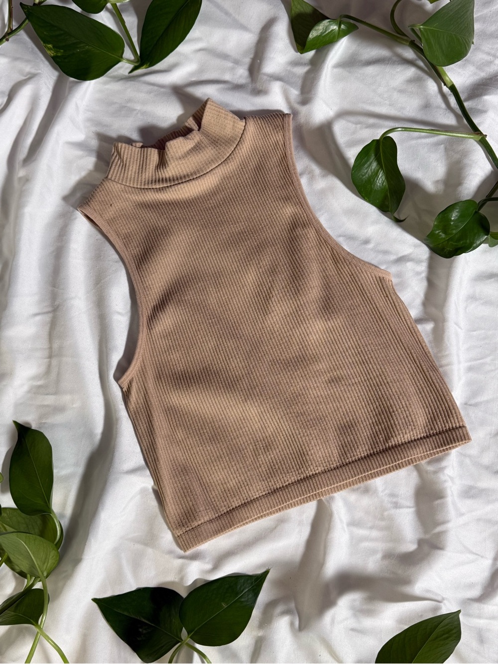 ZARA Sleeveless Ribbed Mock Neck Cropped Tank Top Neutral Beige | XS-S